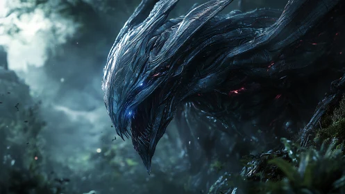 Bio-organic alien beast in misty forest environment.