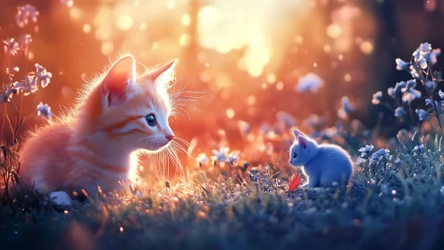 Kittens Playing in a Dreamy Flower Garden.