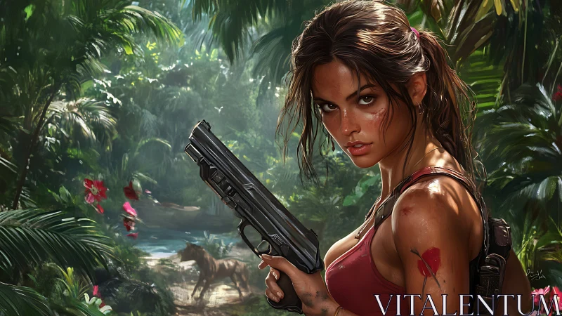 Armed jungle explorer holds pistol in lush tropical wilderness.