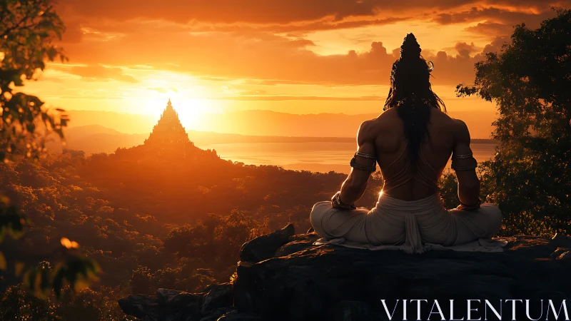 Backlit yogic figure observes temple silhouette across sunset valley