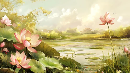 Lotus daydreams drift across a sunlit temple lagoon.