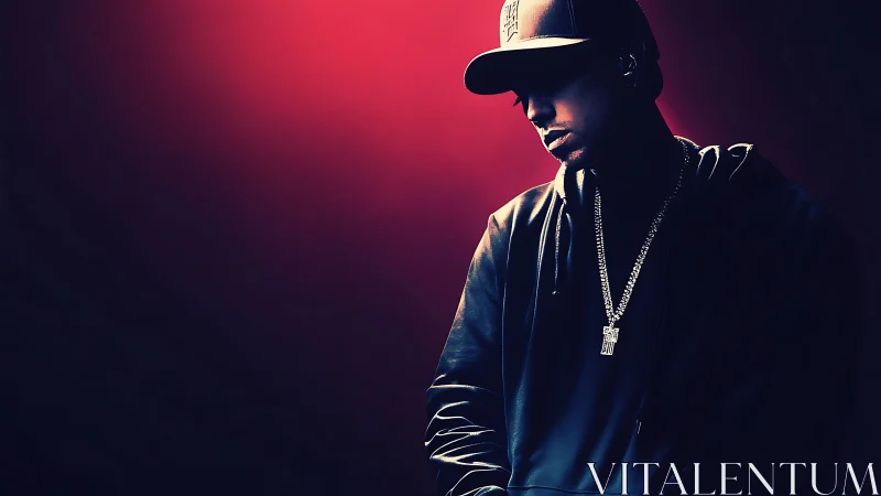 Moody hip hop artist stands in dramatic red stage light