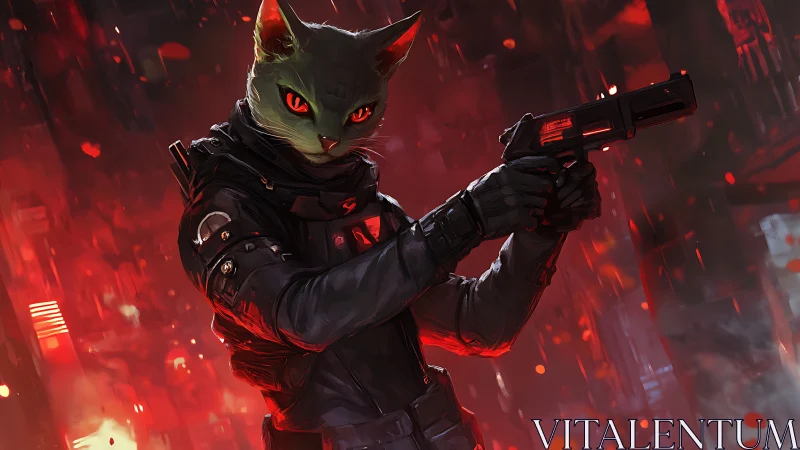 Cybernetic cat assassin aims pistol in neon red haze.