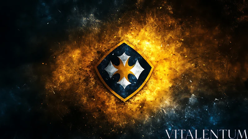 Heraldic shield emblem on fiery blue and gold background.