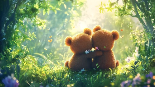 Two Brown Bears Embracing in Sunlit Wildflower Garden.