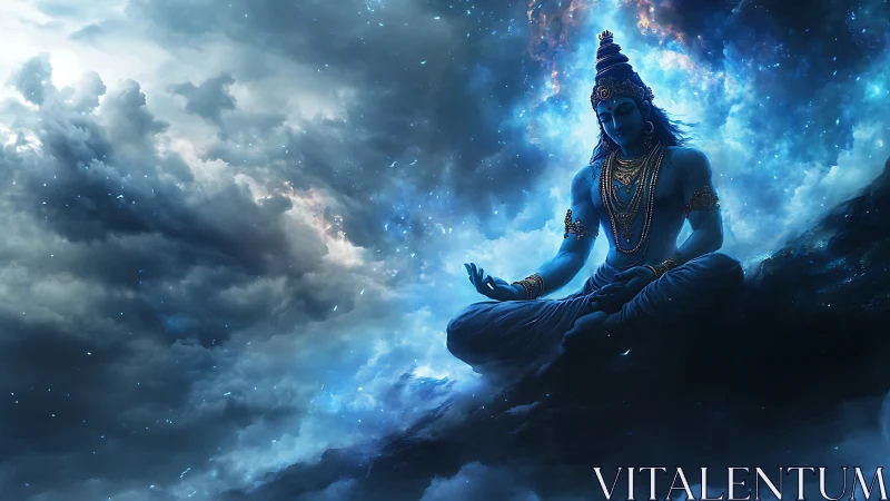 Blue-skinned seated figure in clouds with cosmic backdrop.