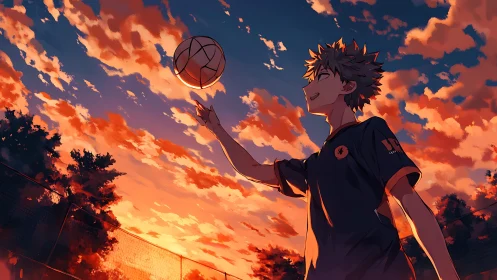 Orange sunset crowns joyful anime volleyball player.