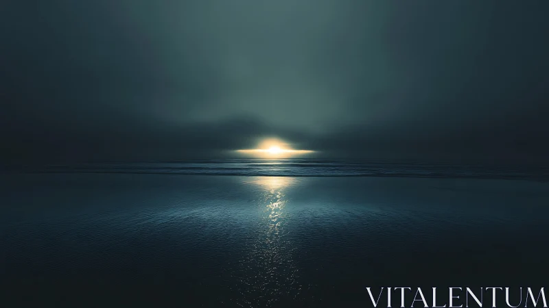 Midnight horizon glow over a brooding, glassy ocean.