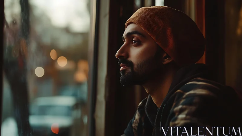 Pensive man in beanie gazing through window at dusk.