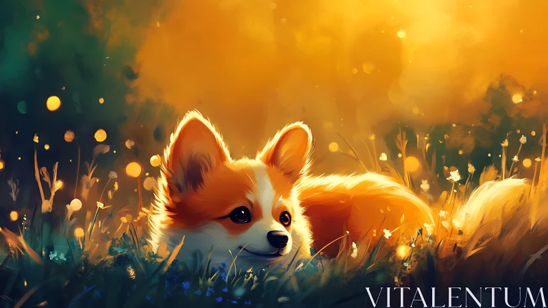 Orange corgi puppy resting in glowing sunset meadow.