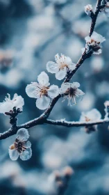 Frost-covered blossoms on dark branch against blurred background