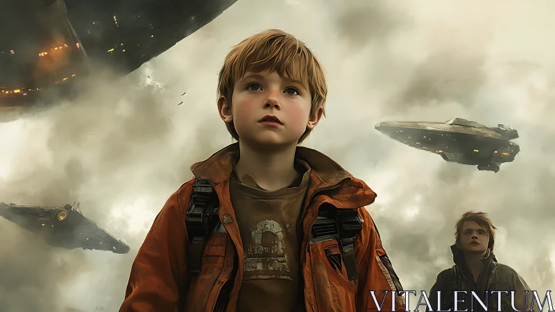 Children under large spacecraft in overcast sky environment.