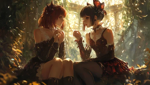Gothic anime girls share quiet moment in glowing forest.