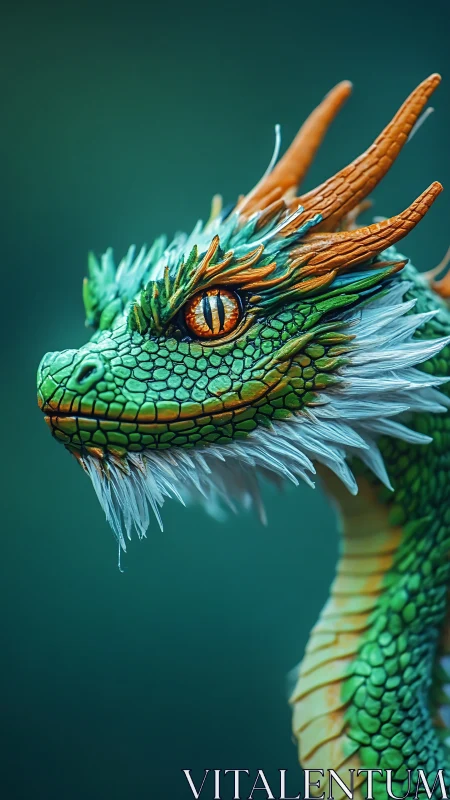 Emerald dragon portrait with intricate scales and horns