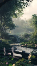 Photoreal 3D forest brook with stone footbridge at sunrise