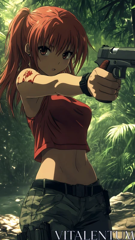 Jungle heroine calmly aims her pistol with fierce resolve