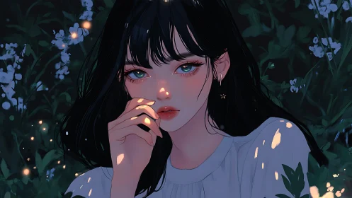 Young woman portrait in dusk garden with soft lighting.