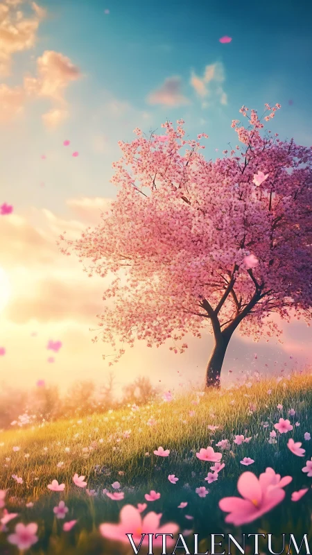 Luminous cherry blossom tree on gradient-lit spring hillside.
