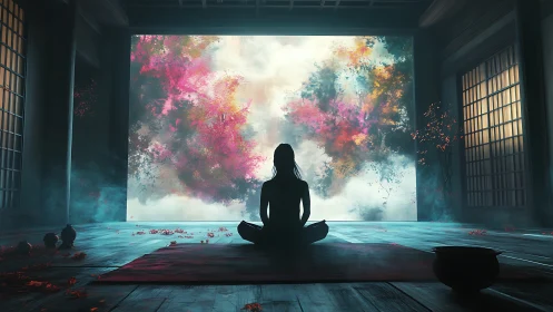 Meditating silhouette faces volumetric nebula through shoji frame