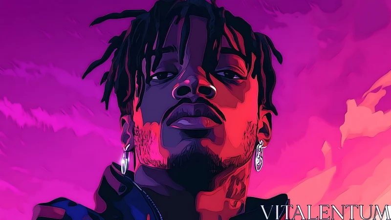 Neon-lit portrait of a confident man against vivid pink sky