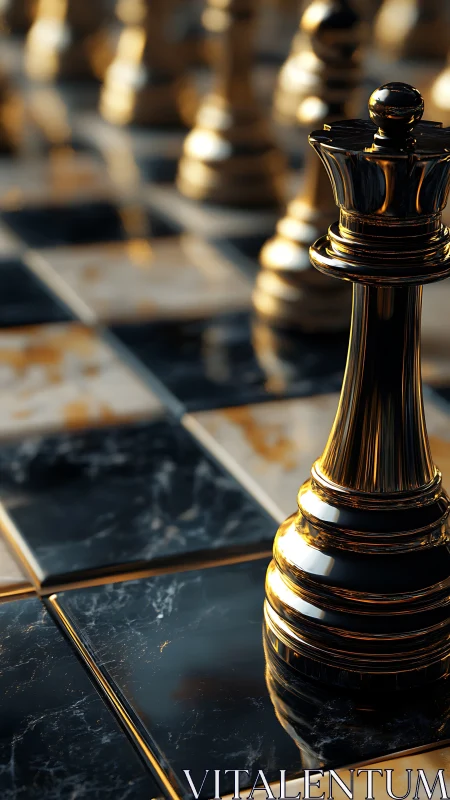 High-gloss metallic queen on marble chessboard with shallow depth