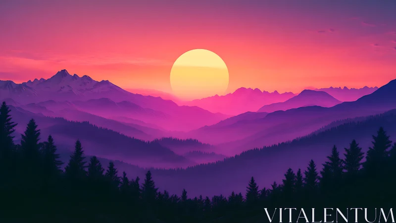 Neon dusk folds mountain horizons into dreamy layered waves