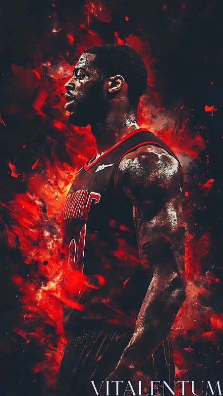 Profile view of basketball player amid abstract red effects.