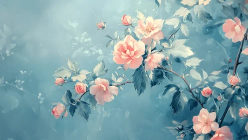 Pink Peonies and Roses Against Blue Sky