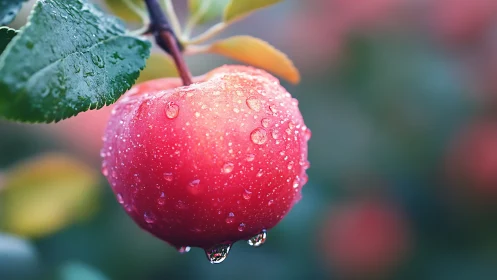 Red apple with dewdrops hangs from branch in soft focus