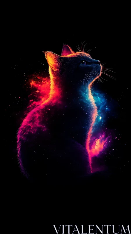 Neon Cosmic Cat Silhouette Against Starlit Void.