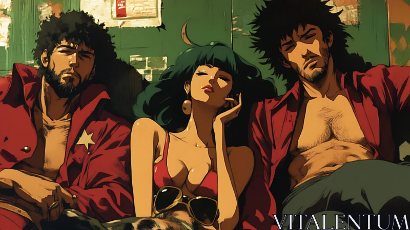 Triadic anime portrait depicts relaxed figures with cinematic chiaroscuro