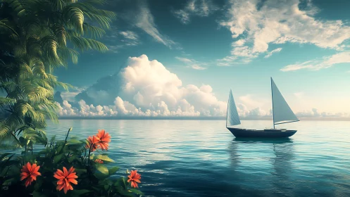 Tranquil sailboat under luminous tropical seascape sky.