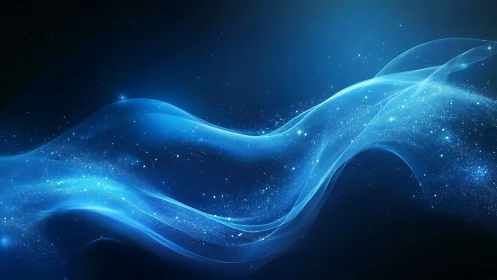 Blue light wave with starry particle field on dark space.