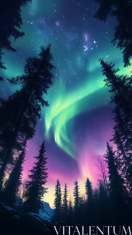 Northern lights dancing above a quiet, starlit forest.