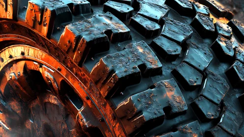 Off-road tire tread glows in dramatic orange-blue light.