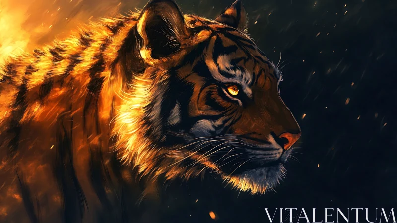 Burning light ignites tiger profile in molten dusk glow.