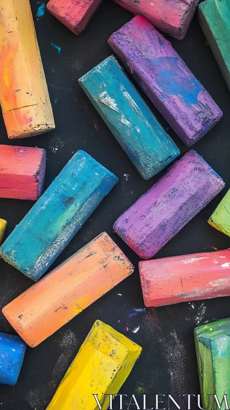 Macro study of multicolored soft pastels on dusty black ground