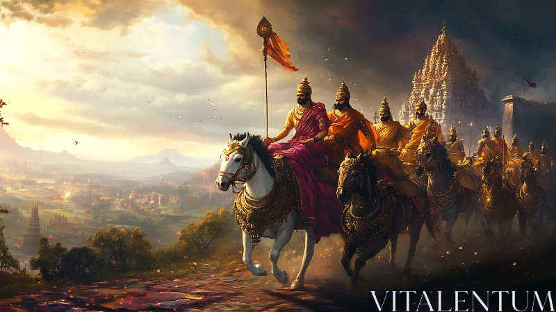 Warriors on horseback advance before temple at sunrise.