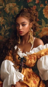 Golden rococo muse in florals, gazing through velvet hush.