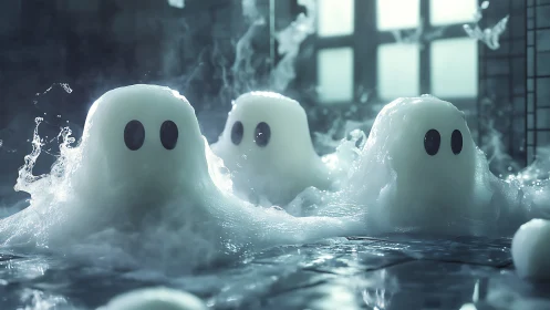 Render shows three translucent ghost-like blobs emerging from liquid