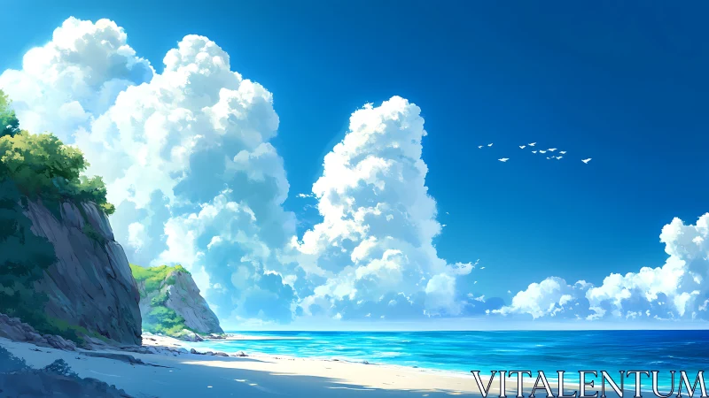Coastal Seascape with Dramatic Cumulus Cloud Formation and Sandy Shoreline