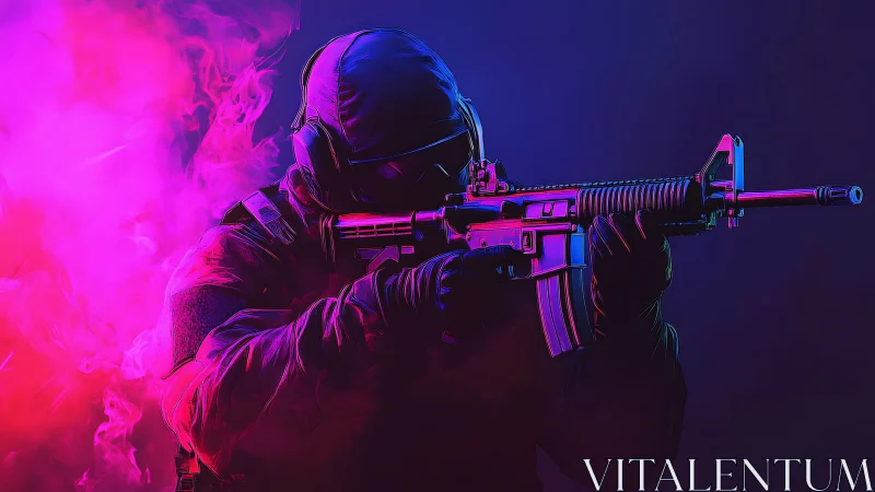 Neon commando with rifle in colored tactical smoke.