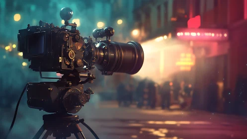 Cinematic street sentinel locks focus on neon night magic