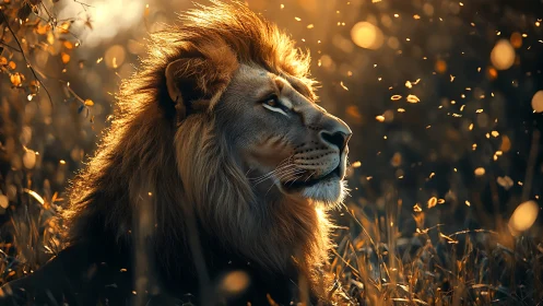 Lion in warm golden backlight amid floating foliage.