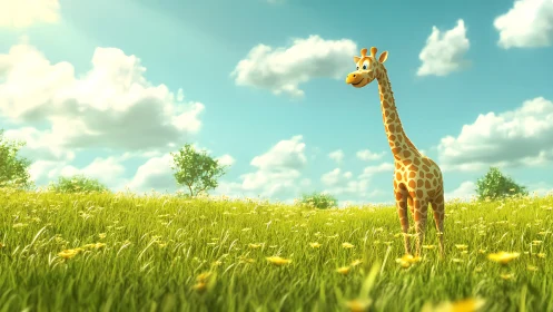 Cartoon giraffe stands in sunlit wildflower meadow.