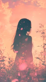 Silhouetted girl in rose-tinted sunset bloomscape dreamscape.