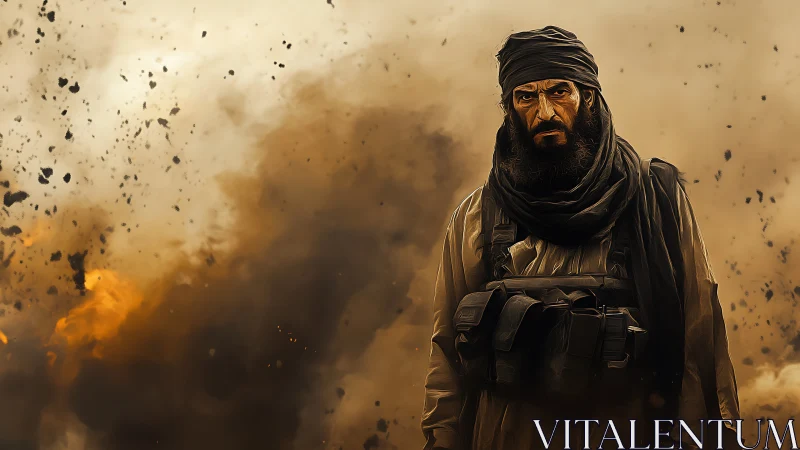 Militant figure amid explosion and dense smoke cloud.