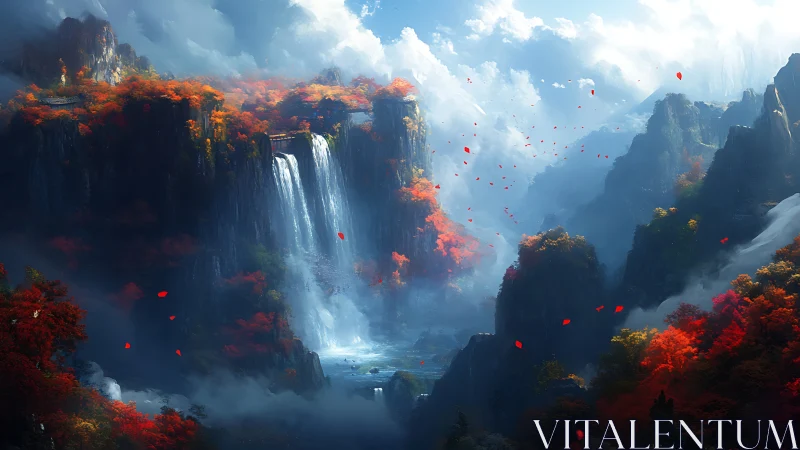 Vertical canyon waterfall framed by autumnal cliffs and drifting petals