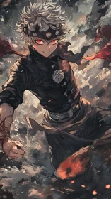 Silver haired anime fighter with red eyes in motion.