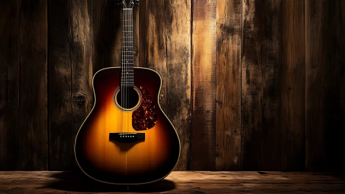 Sunburst acoustic guitar against dark rustic wood wall.